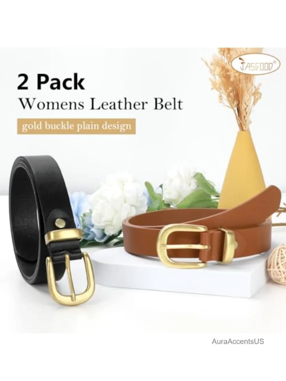 2 Pack Women Faux Leather Belts with Gold Buckle